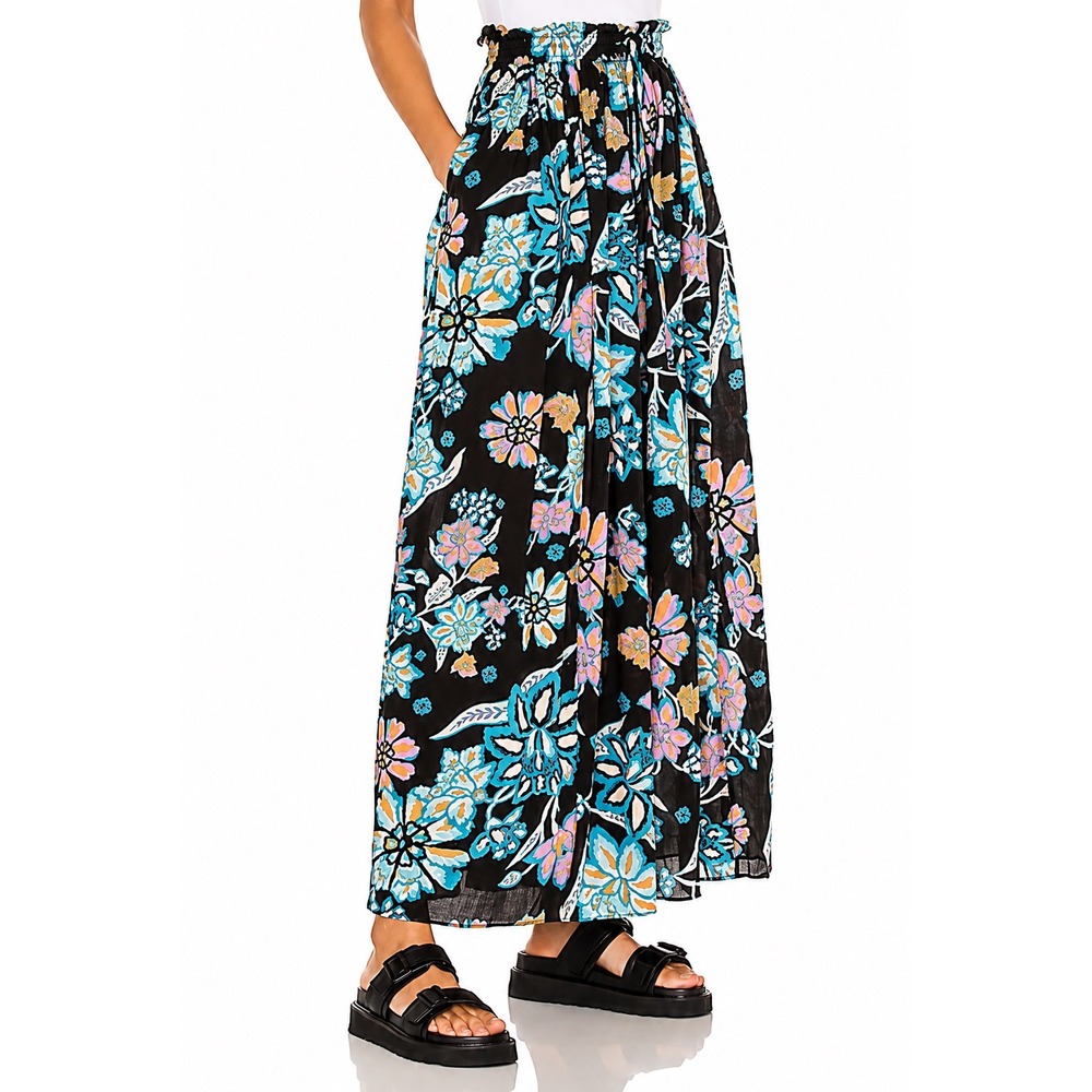 Free People Take It Easy Lounge Pants Floral Black Boho Palazzo Wide Leg Pockets